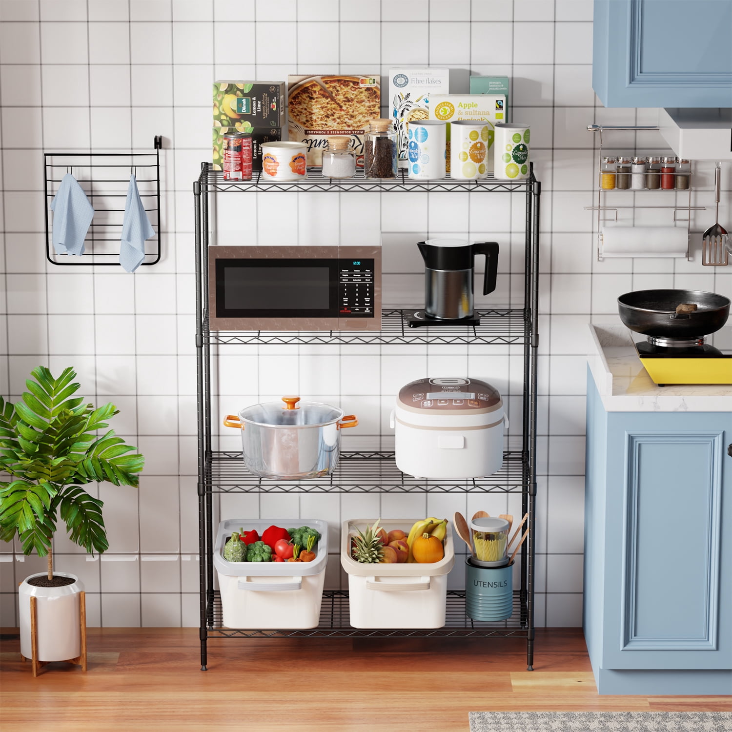 BestOffice 4 Tier Shelving Unit 35.4"L x 13.3"W x 53.7"H Metal Shelving Standing Storage Shelf with 4 Steel Frame Adjustable Layer Kitchen, Garage (Black)