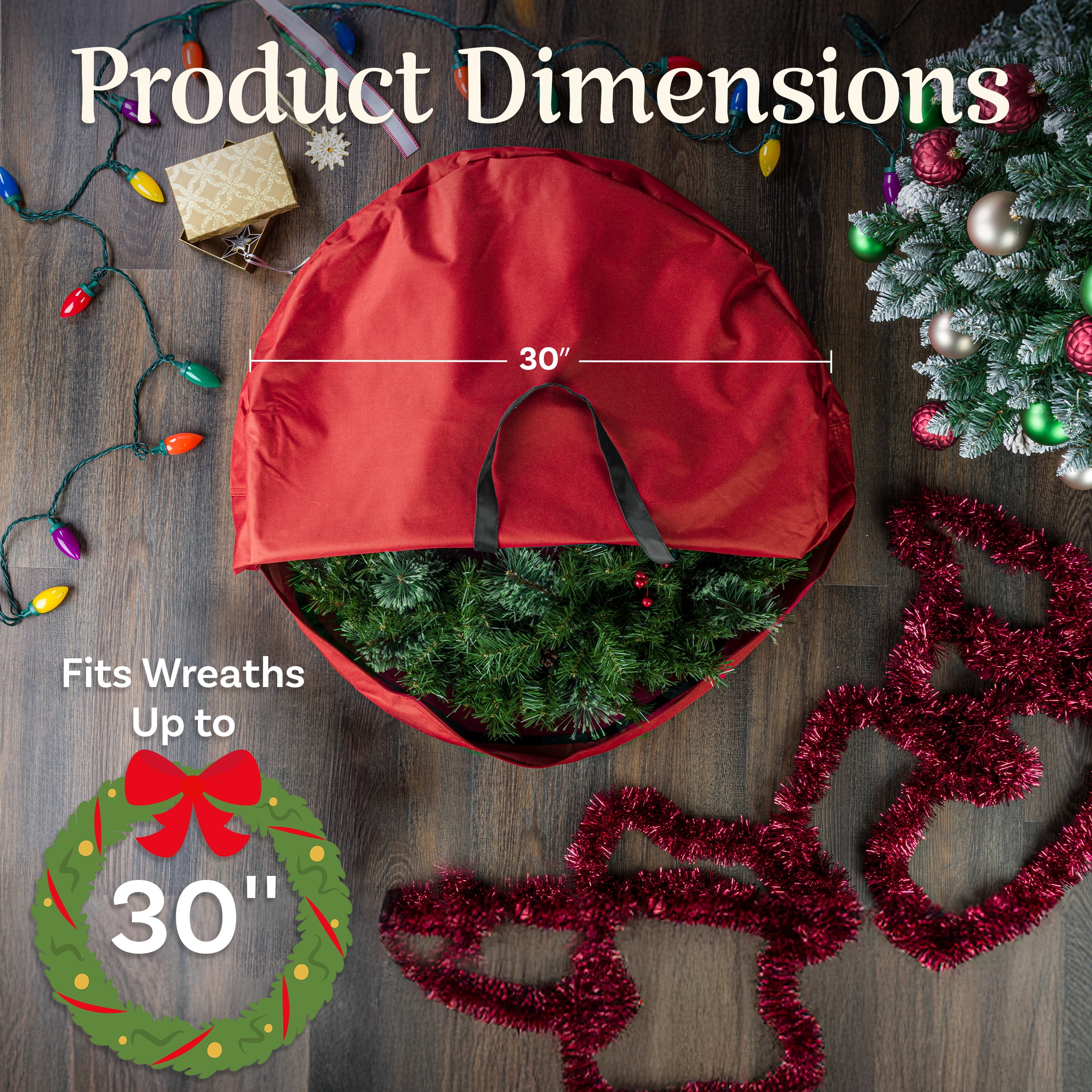 Tiny Tim Totes 30-inch Christmas Wreath Storage Bag with Carrying Handles, Red