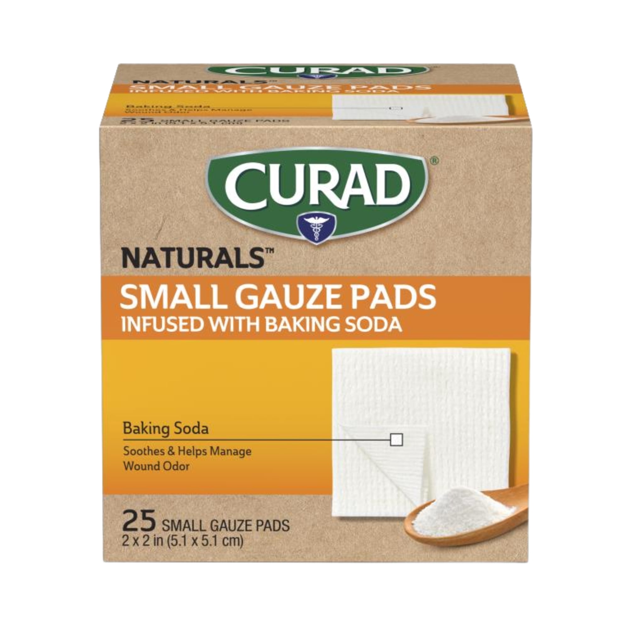 CURAD® Naturals Small Gauze Pads Infused with Baking Soda, 2 in x 2 in, 25 Count