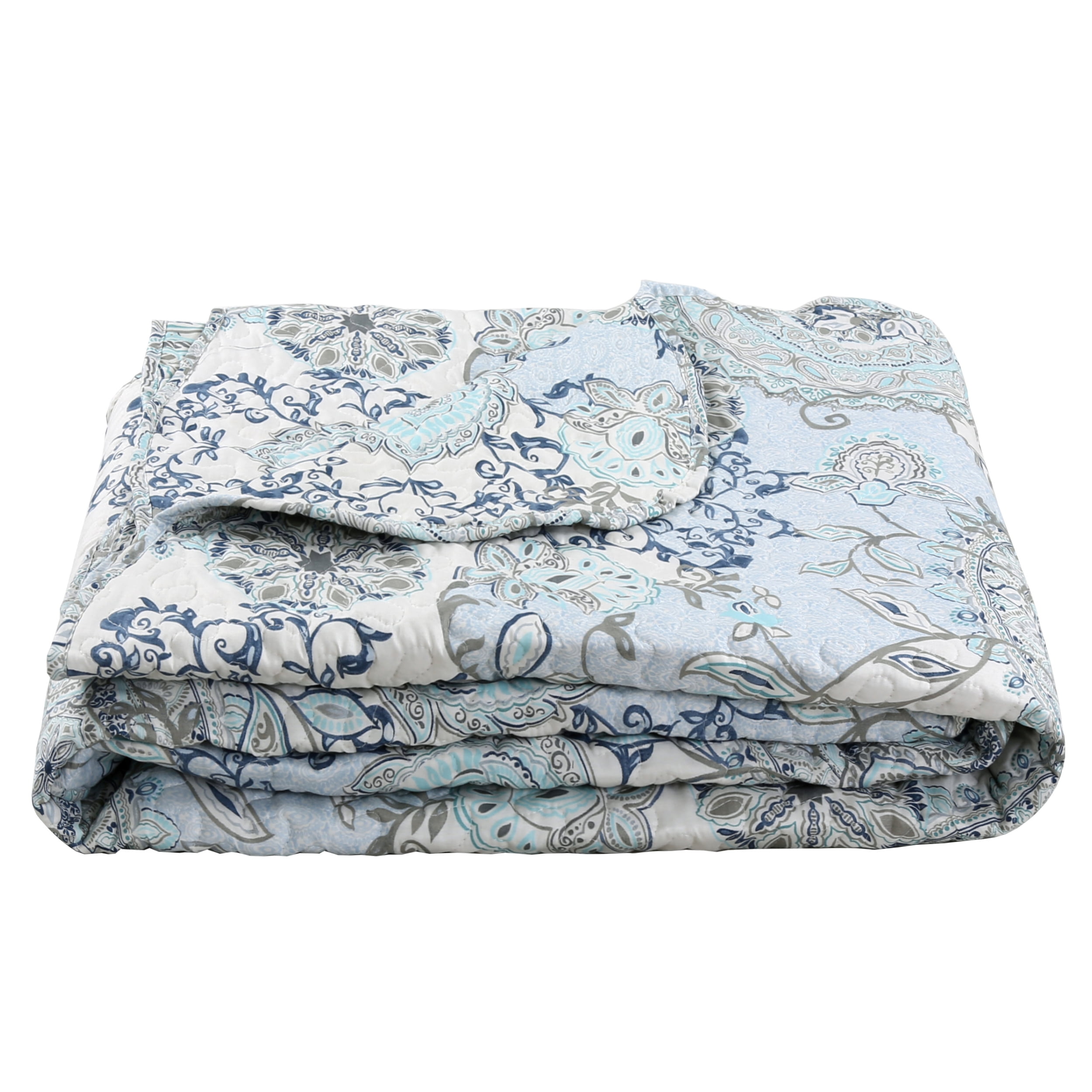 Marina Decoration Rich Printed Stitching Coverlet Bedspread Ultra Soft Summer Bedding Quilt Set with Quilted Sham, Blue Branch Damask Mandala Floral Pattern