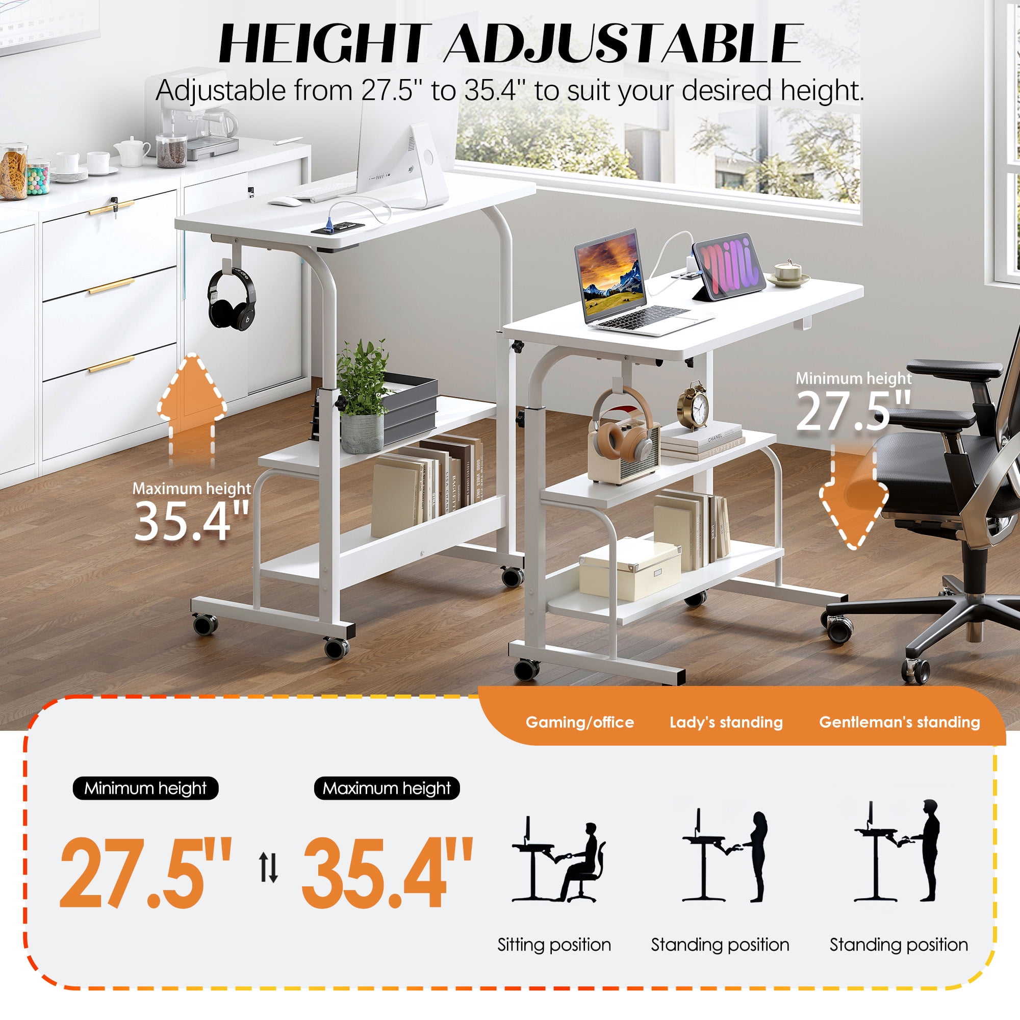 Soges 31.5" Height Adjustable Computer Desk with Charging Station, Adjustable Side Table Movable Laptop Desk with 2 Storage Shelves, Adjustable Desk on Wheels for Home Office, Sofa, Bed, White