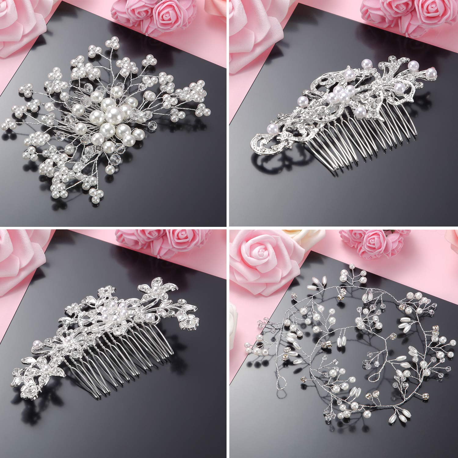 44 Pieces Wedding Hair Comb Faux Pearl Crystal Bride Hair Accessories Hair Side Comb Clips U-shaped Flower Rhinestone Pearl Hair Clips for Bride Bridesmaid (Fresh Style)