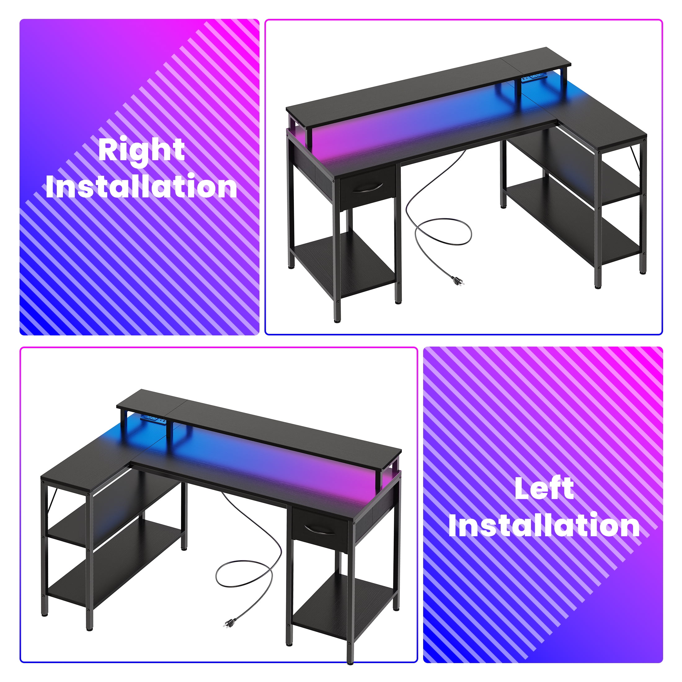 EDX 53 Inch L Shaped Gaming Desk with Power Outlet & LED Light, Reversible Computer Desk with Shelves & Monitor Stand, Corner Desk with Drawer for Home Office, Black