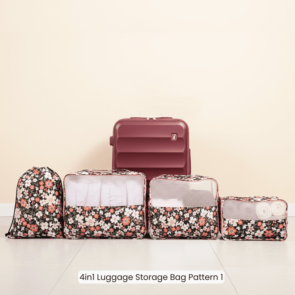 4-Piece Travel Packing Cubes Set, Luggage Organizer Bags with Mesh Top, Lightweight Clothes Storage Pouches, Pink Floral Pattern