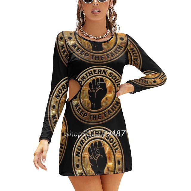 Northern Soul Logo "Keep The Faith" Robe Évasée Dorée et Noire Col Carré Élégante Mode Féminine Imprimée