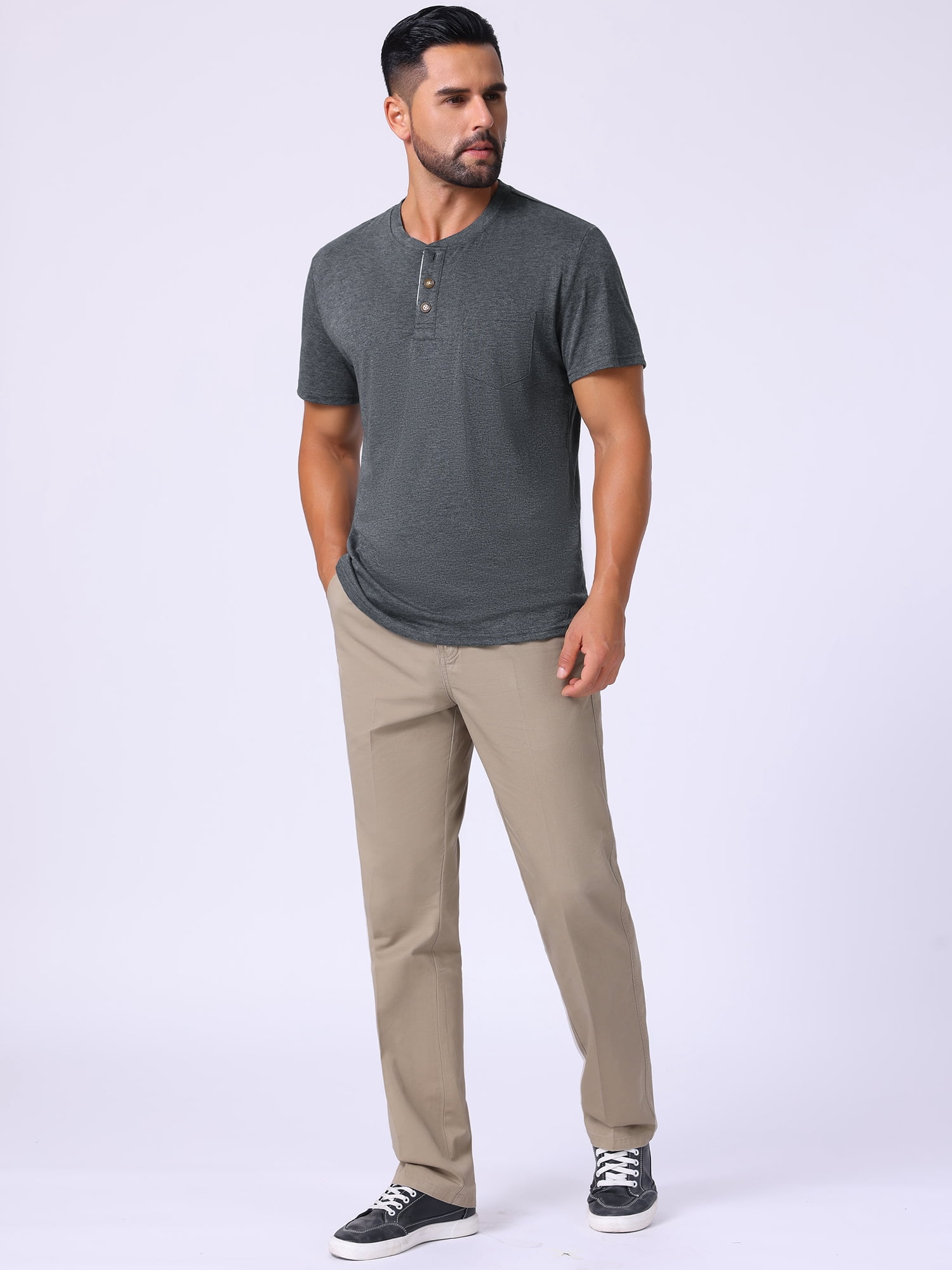 DARING DIVA Men's Casual Summer Short Sleeves Button Henley Basic Tee 2XL Dark Gray