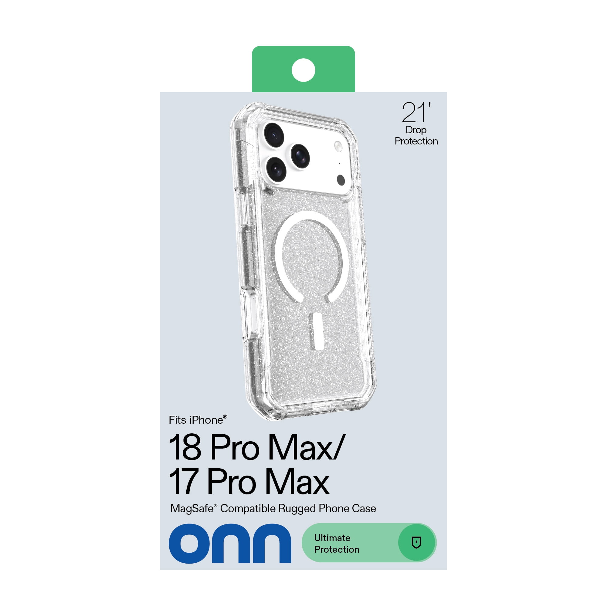 onn Rugged Phone Case for iPhone 18 Pro Max / 17 Pro Max, MagSafe Compatible - Clear with Silver Glitter