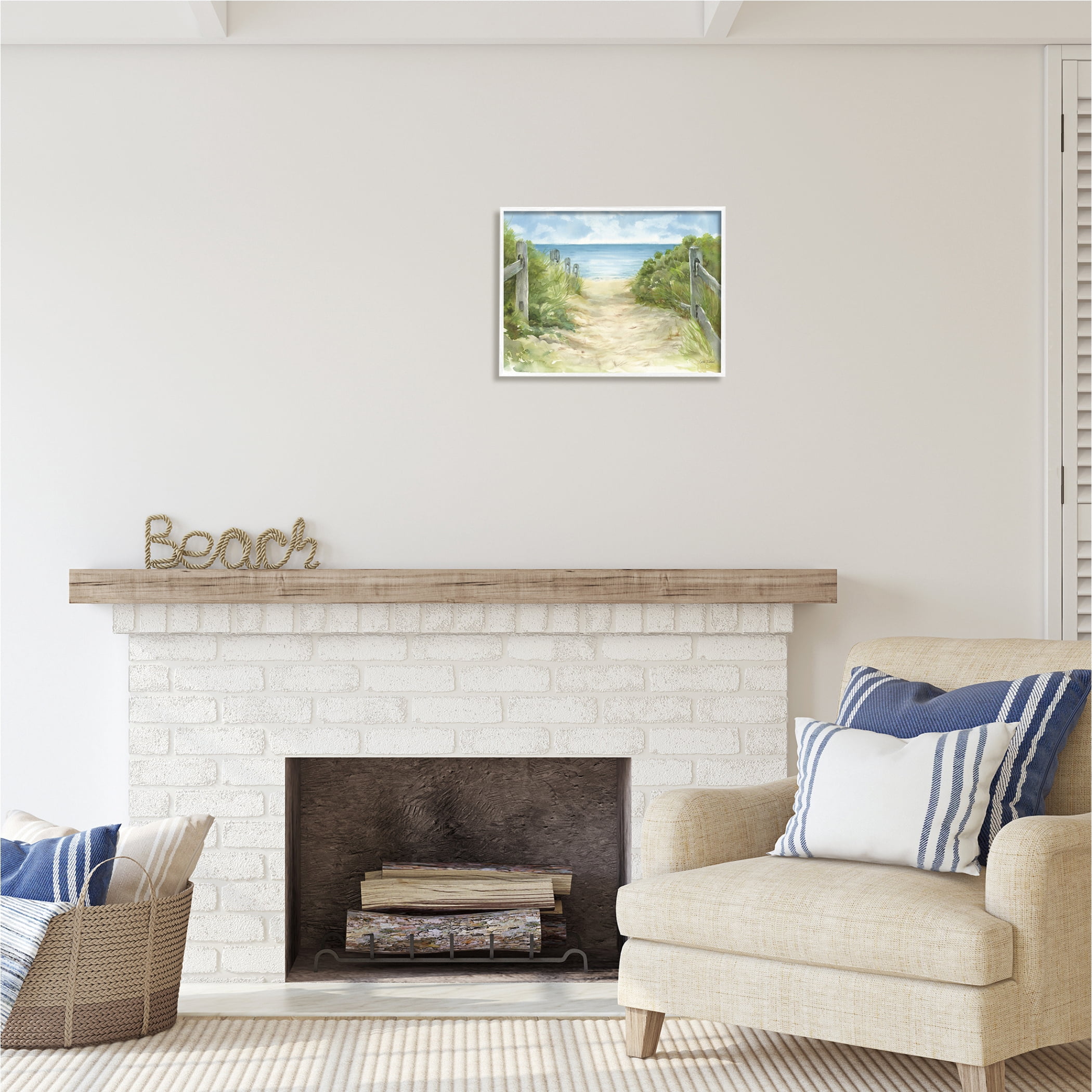 Stupell Industries Beach Path Painting Nature Painting White Framed Art Print Wall Art, 20 x 16