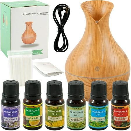 Diffuser Basics Ultrasonic Smart Aroma Humidifier Large Light Wood + 6 Pack 10ml Fragrance Kit