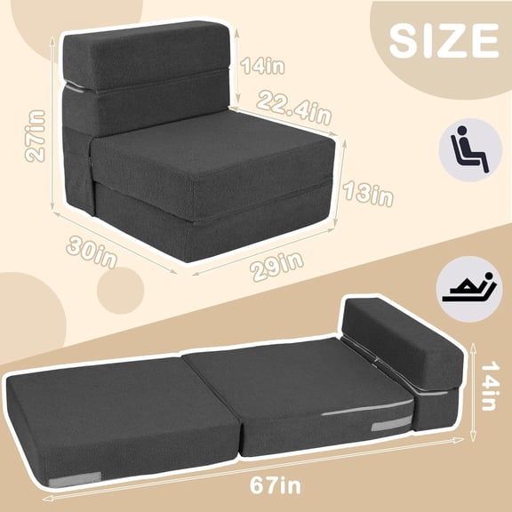 Modern Teddy Fabric Folding Sofa Bed, Convertible Sleeper Chair, Grey, Single Size