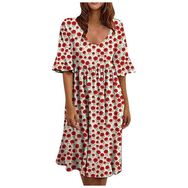 Robe d'Été avec Manches pour Femmes Mode Rétro Fleurs Écrasées Volants Manches Courtes Robe Décontractée Confortable Robe d'Été Courte pour Femmes Robe Manches Courtes pour Femmes