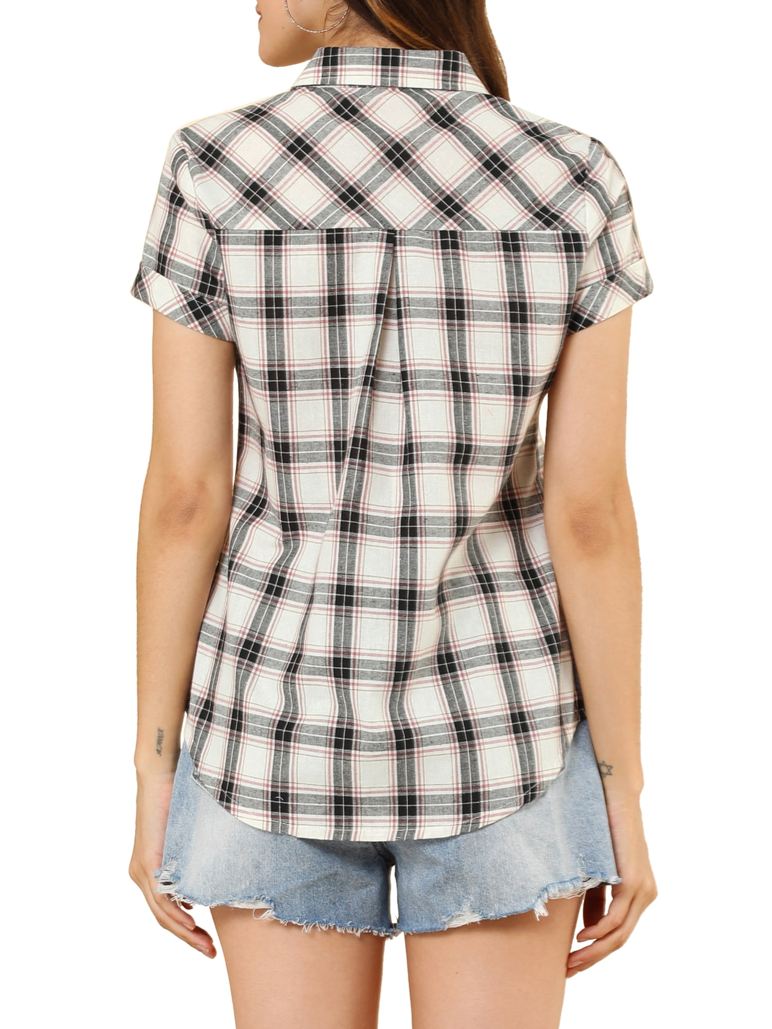 DARING DIVA Women's Casual Boyfriend Plaid Button Down Flannel Shirt L White Black