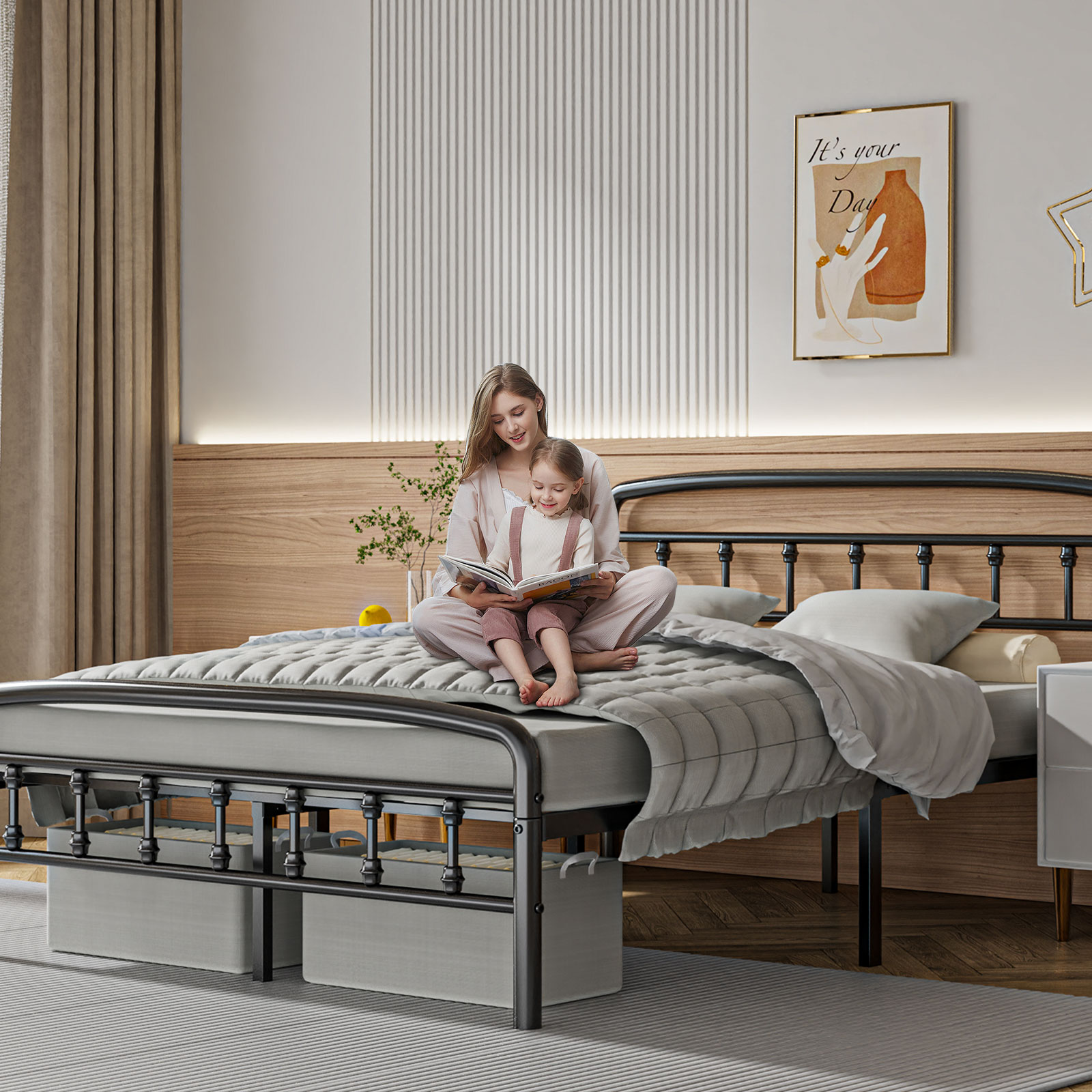 Kinsfook Metal Full Size Bed Frame with Victorian Headboard, Black photo 5