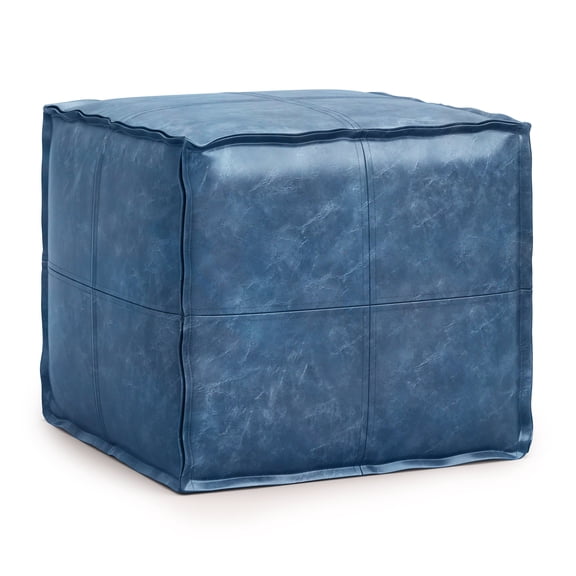 Brody Boho Square Pouf in Distressed Blue Faux Leather