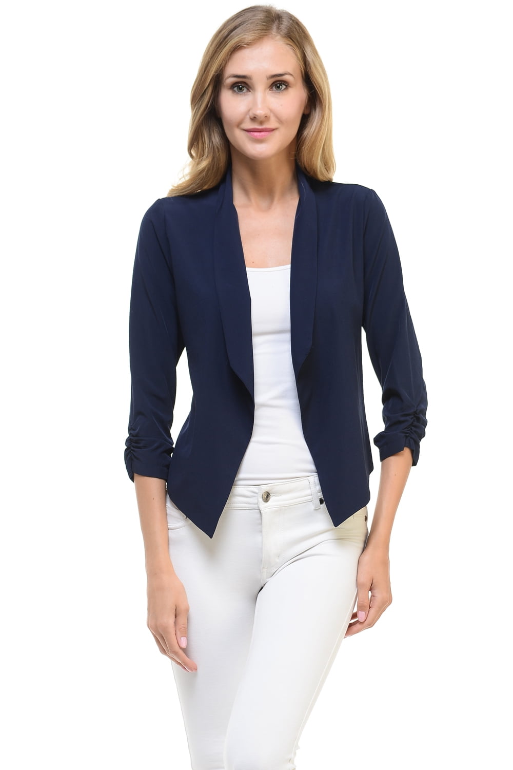 FCMKBT Women's Blazer Jacket,Plus Size 3/4 Ruched Sleeve Lapel Cardigan Ladies Stretchy Slim Open Front Lightweight Office Coat
