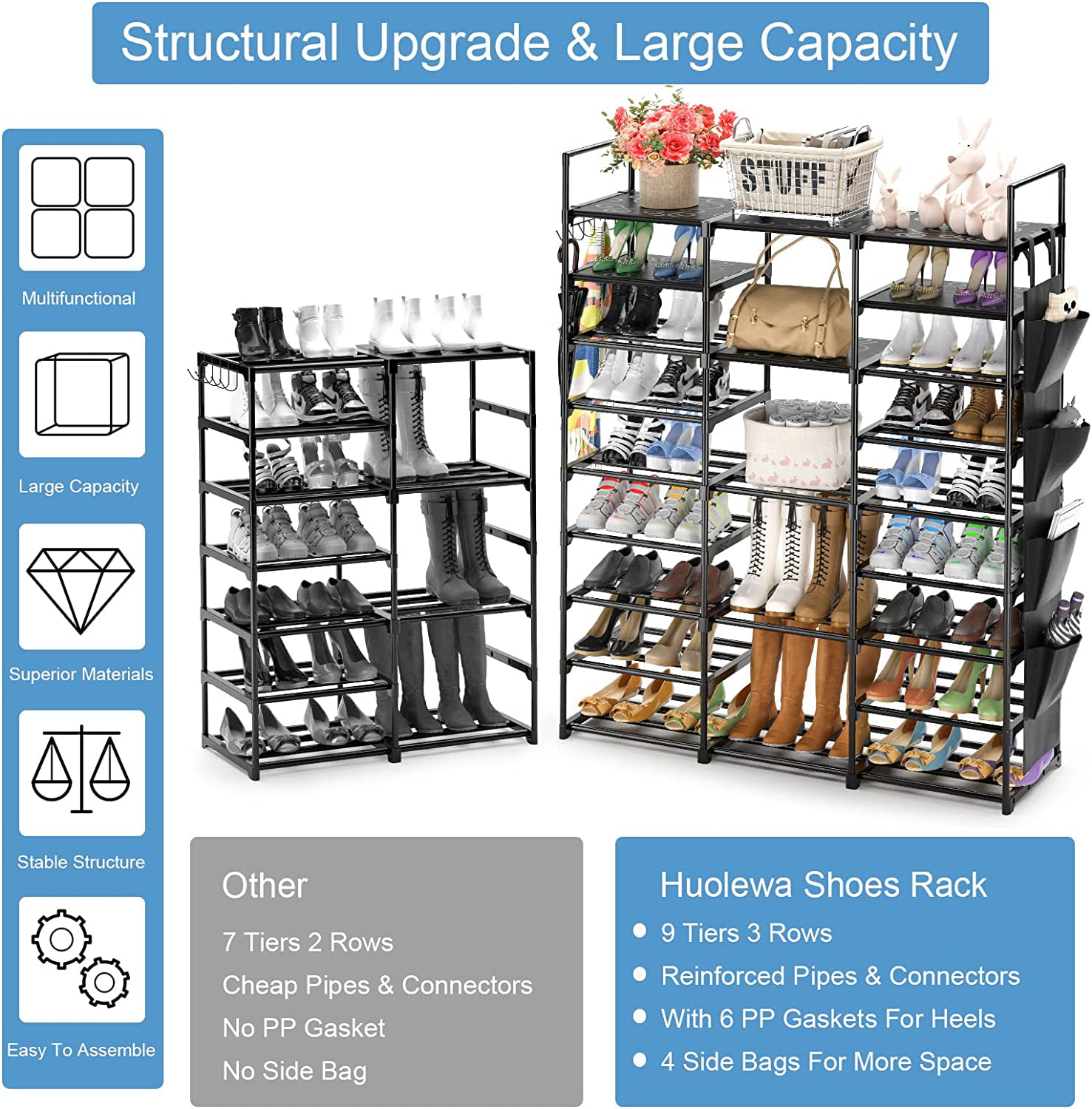 Finew Large Shoe Rack Organizer Storage, 9 Tier Tall Shoes Rack