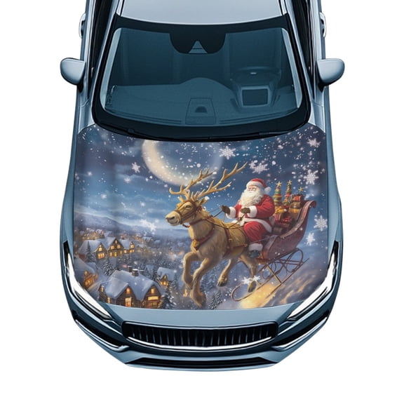 Pzuqiu Christmas Car Hood Cover Protector With Santa Sleigh Pattern - Universal Fit for All Car Exterior Decoration