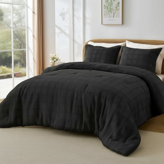 Regency Heights Waffle Weave Comforter Set Full/Queen Size, Lightweight & Breathable Comforter Bet Set for All Season, 3-Piece Textured Bedding Set with Pillow Shams, Black