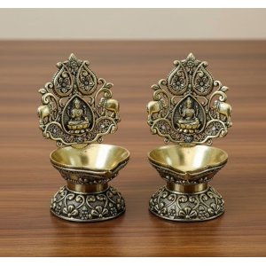 Set of 2 Brass Lakshmi Diyas – Handcrafted Goddess Lamps for Diwali Pooja
