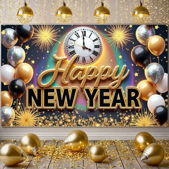Gold Glitter Happy New Year Banner Colorful New Year Display Balloon Decor Firework Design Holiday Backdrop for New Year Party Holiday Celebration New Year Eve