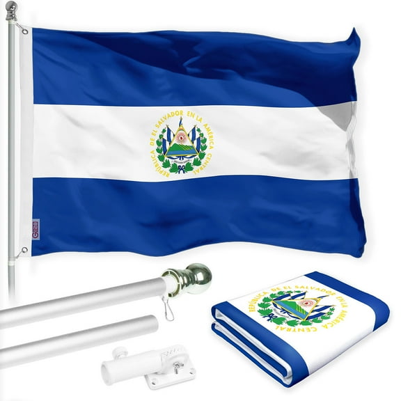 G128 Combo Pack: 6 Ft Tangle Free Spinning Flagpole (Silver) & El Salvador Flag 3x5 Ft Printed 150D Polyester, Brass Grommets (Flag Included) Aluminum Flag Pole