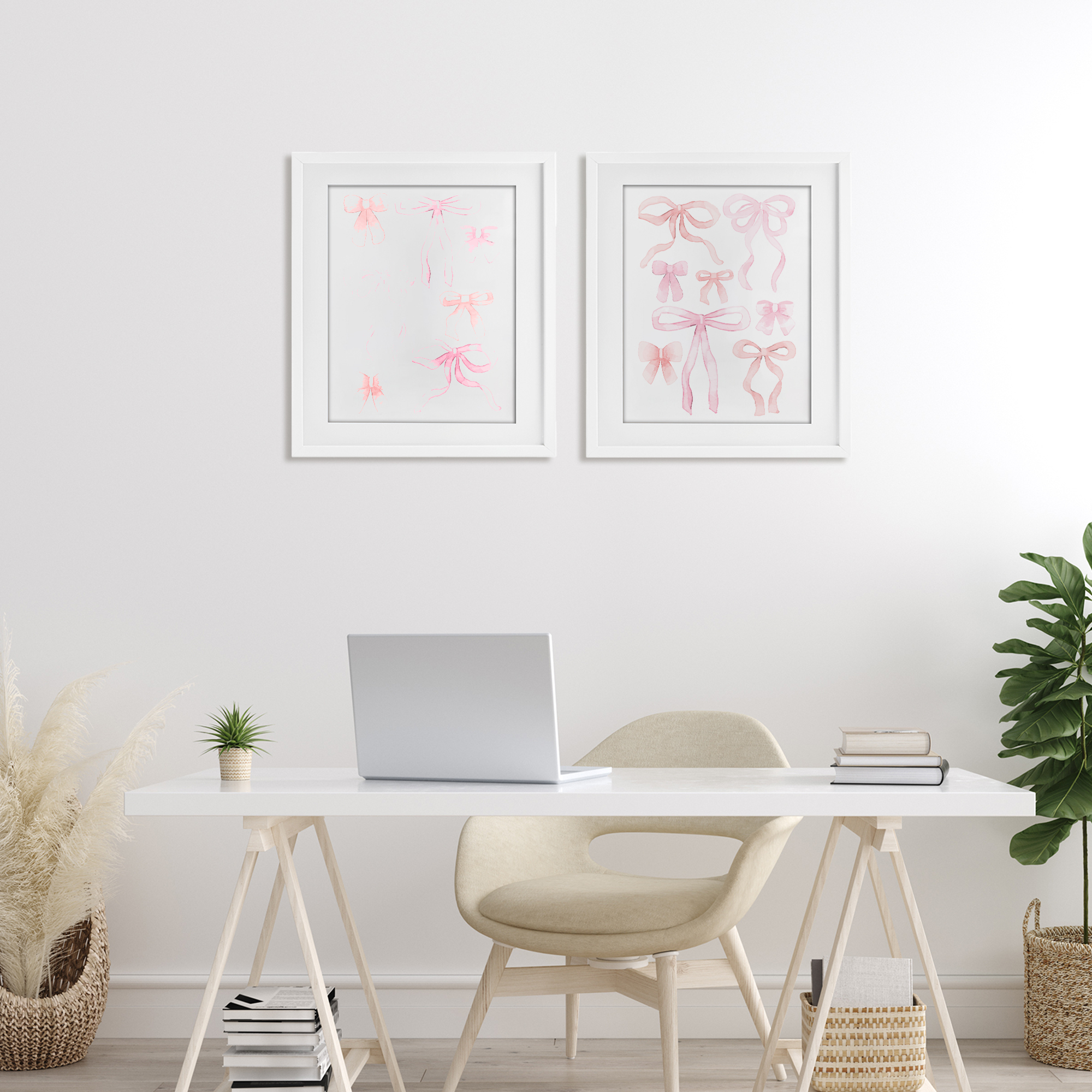 Elegant & Soft Bows 2 Piece White Framed Print Under Glass Set, design by Kim Allen
