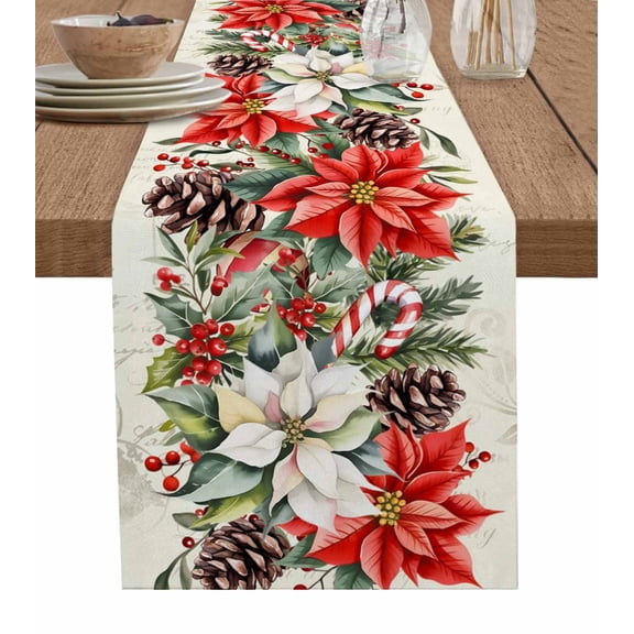 Christmas Poinsettia Table Runner 120 Inches, Xmas Floral Pine Cones Winter Bed Runner Dresser Scarves Tabletop for Indoor Outdoor Parties/Ceremony/Banquet, 13"x 120"