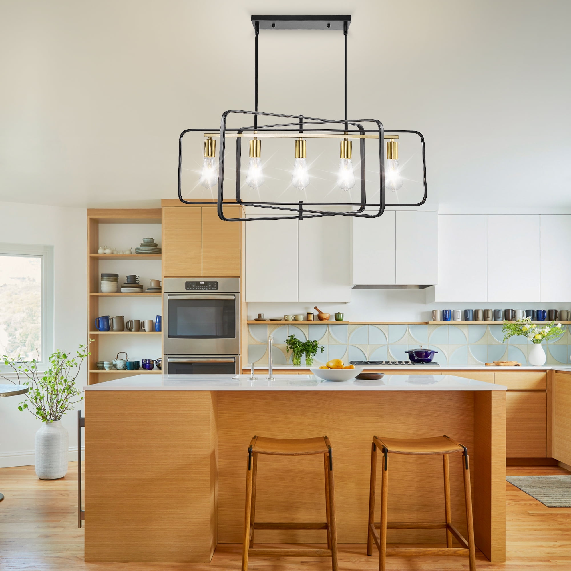 bokifol 5-Light Black Gold Farmhouse Chandelier Rectangle Ceiling Fixture for Dining Room