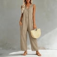 thumbnail image 5 of Womens cotton linen Jumpsuits One Piece Overalls Button Down Sleeveless Wide Legs Rompers Solid Color Casual Daily Jumpsuits with Pockets, 5 of 8
