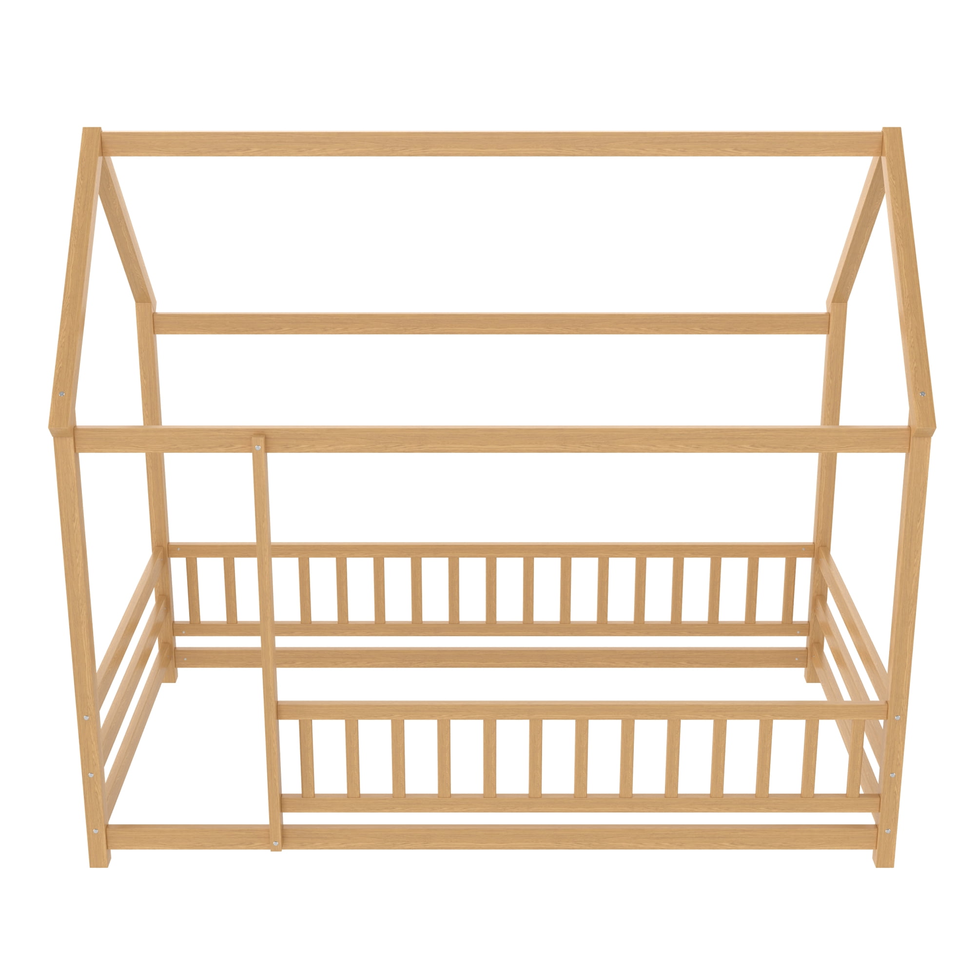Leumius Twin Size Floor Bed with House Roof Frame, Fence Guardrails Montessori Floor Bed for Boys Girls Natural