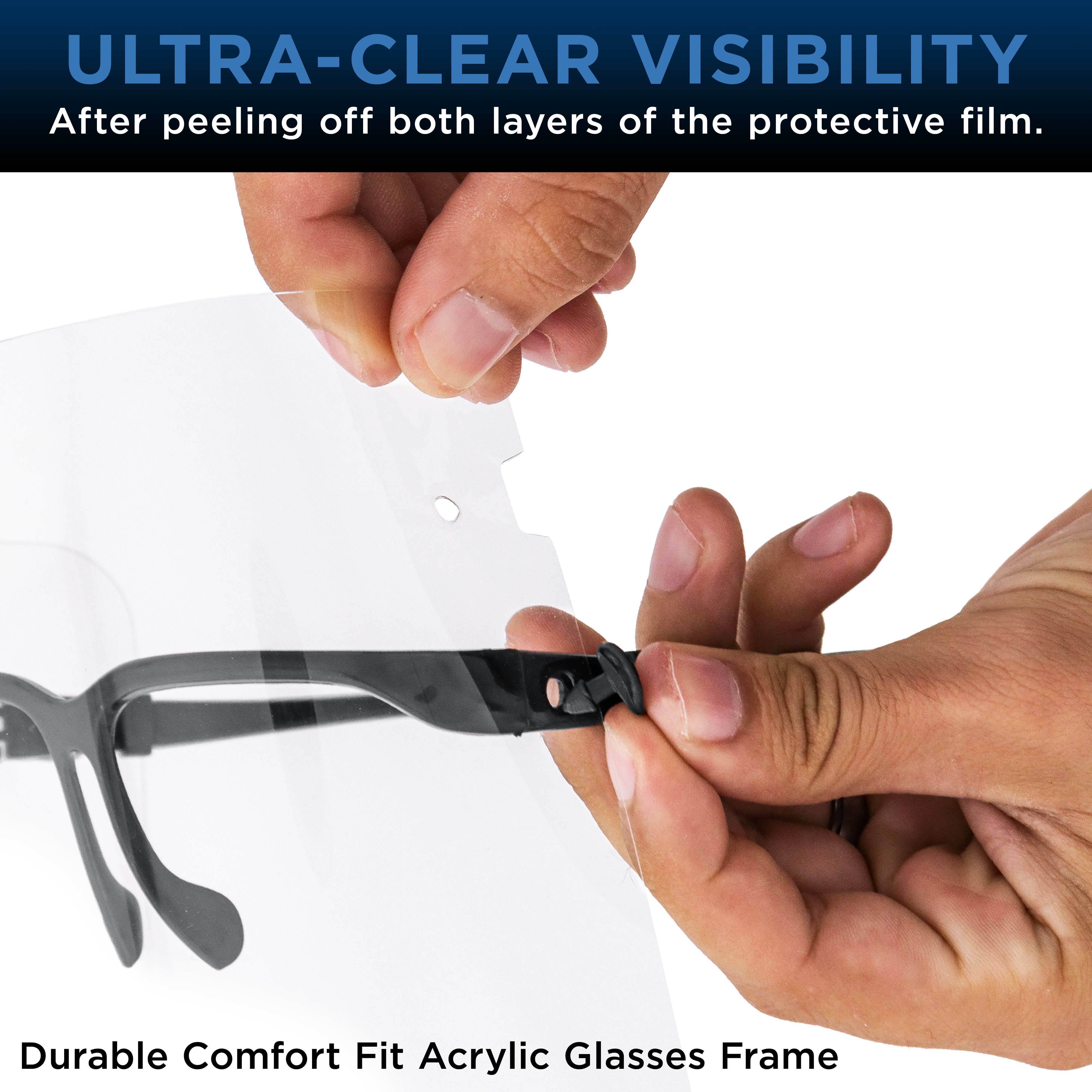 Salon World Safety Face Shields with Black Glasses Frames (20 Packs of 25) - Ultra Clear Protective Full Face Shields to Protect Eyes, Nose, Mouth - Anti-Fog PET Plastic, Goggles