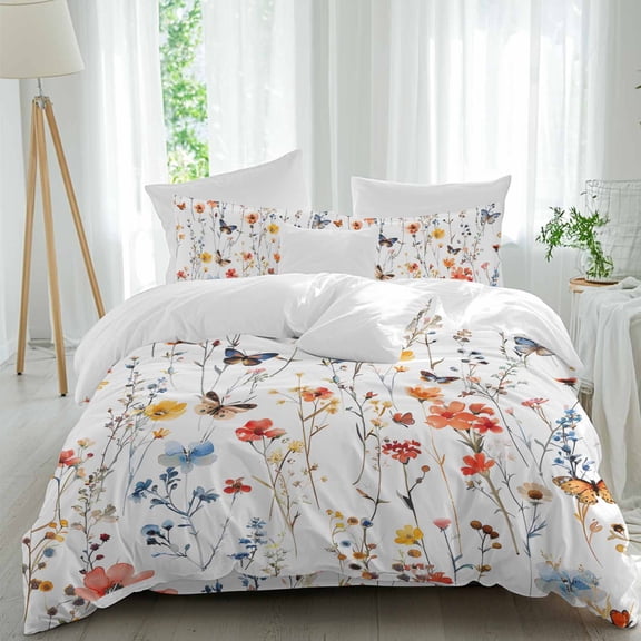 Farmhouse Rustic Duvet Cover Set Twin Size, Multicolor Flowers Leaf Butterfly 4 Piece Soft Microfiber Bedding Set with 1 Duvet Cover, 1 Flat Sheet, 2 Pillowcases