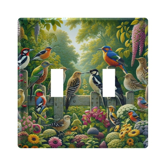2 Gang Light Switch Cover Plate Various Birds on Wooden Fence Wall Plate Decorate Electrical Outlet Cover Plates 4.56”x4.48”