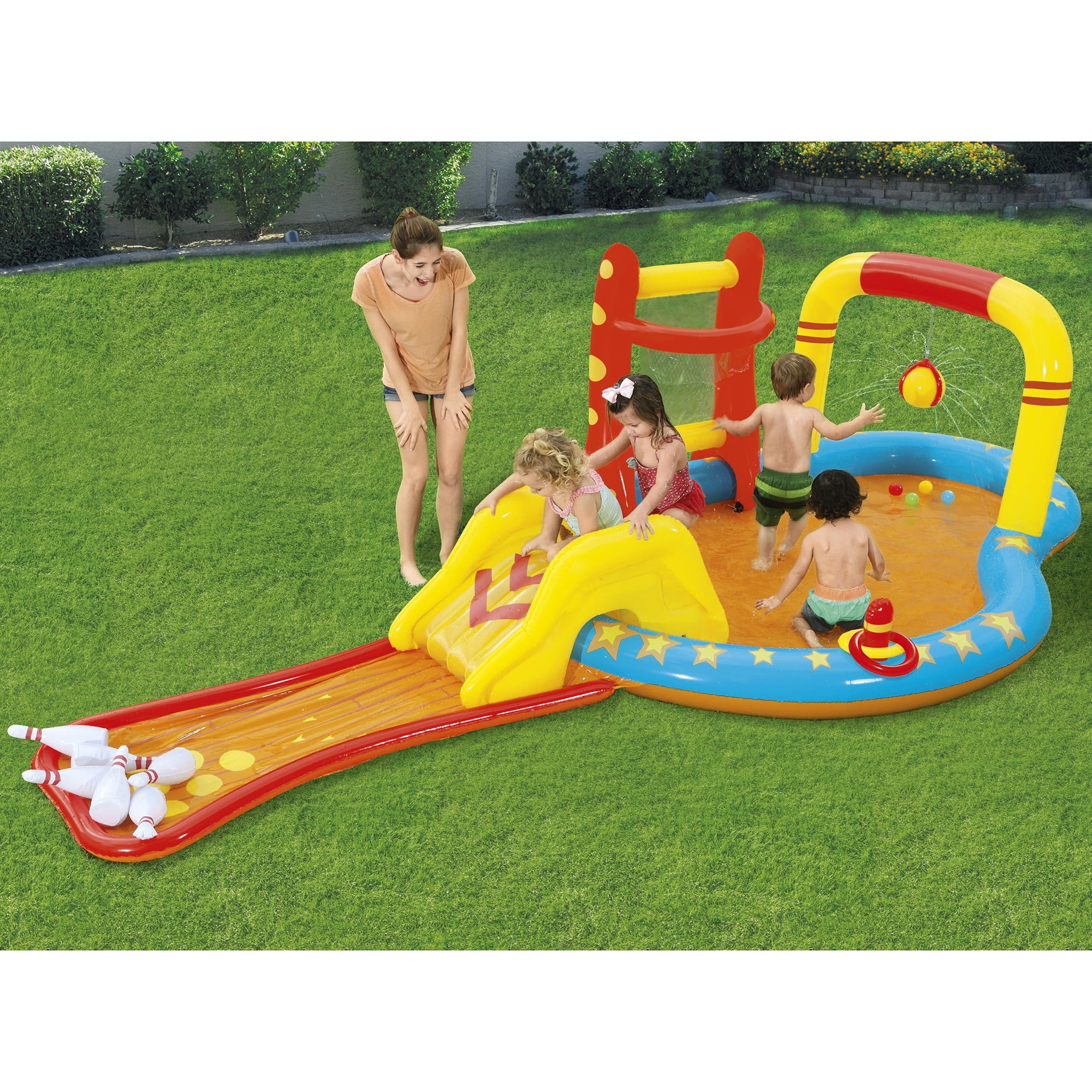 Bestway: H2OGO! Lil' Champ Play Center - Inflatable Sports Activity & Mini Waterpark, Sprayer-Slide-Kiddie Pool, Bowling-Basketball-Ring Toss, Kids 3+