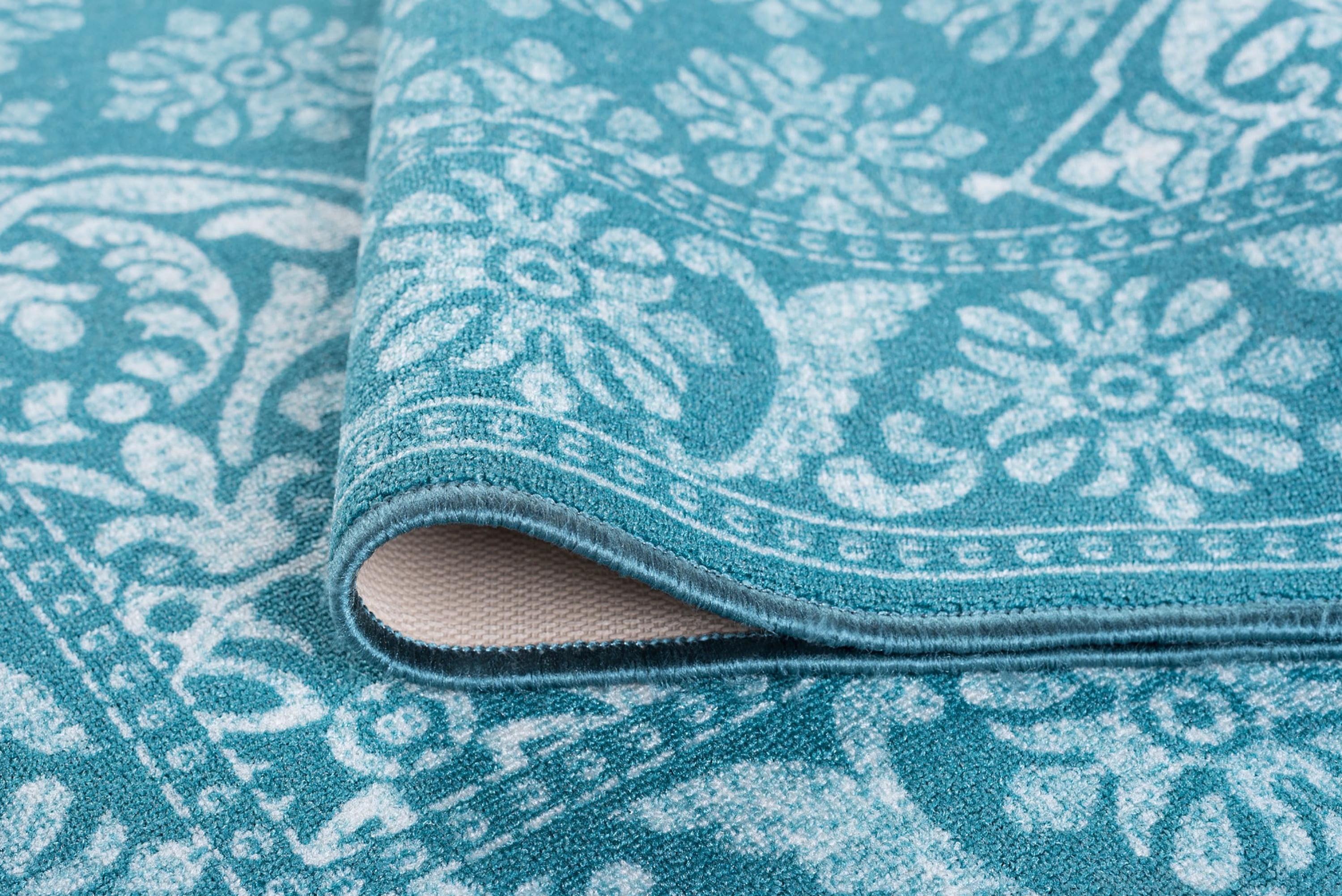 Traditional 2x8 Area Rug (2'3'' x 7'6'') Oriental Teal, White Indoor Runner Easy to Clean