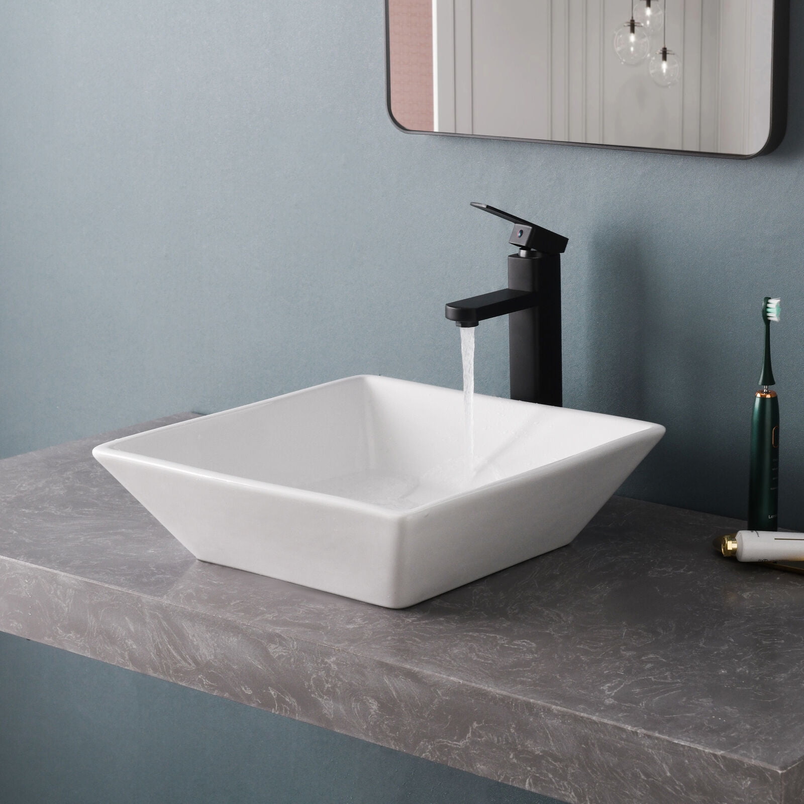 16" Square Porcelain Bathroom Vessel Sink Countertop White Ceramic Wash