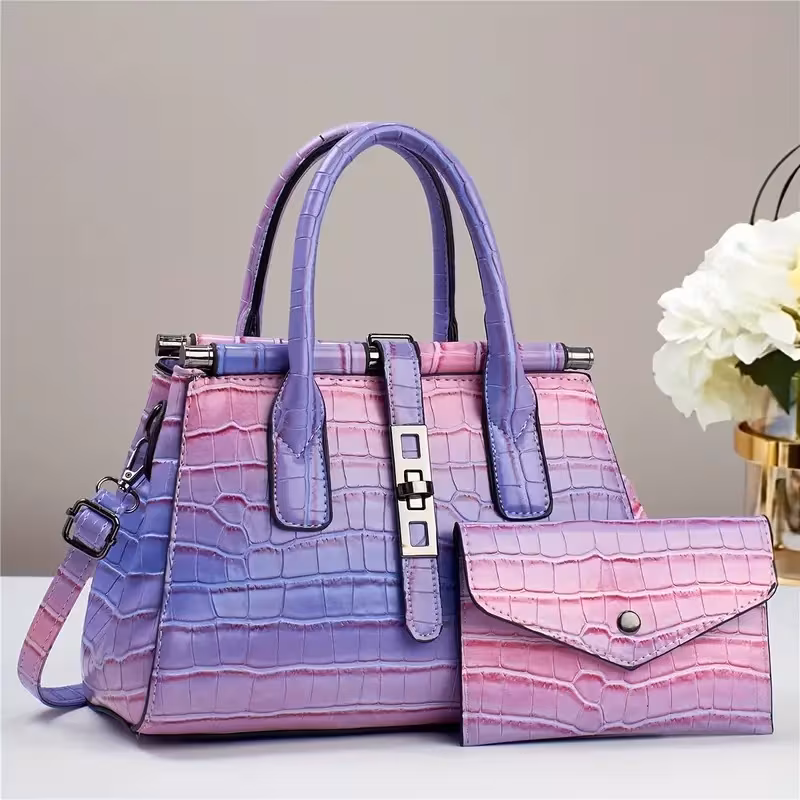 [Fashionable Handbag] 2pcs Set PU Fashionable Stone Patterned Embossed Handbag Set | Large Capacity Women's Shoulder Bag, Gradient Color Women's Crossbody Bag, Suitable As A Gift