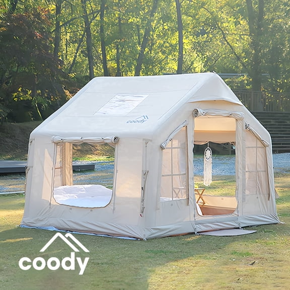 Coody Premium Inflatable Camping Tents with Pump, Inflatable Cotton Canvas Air Beam Glamping Tent for 4-Person Family,Beige