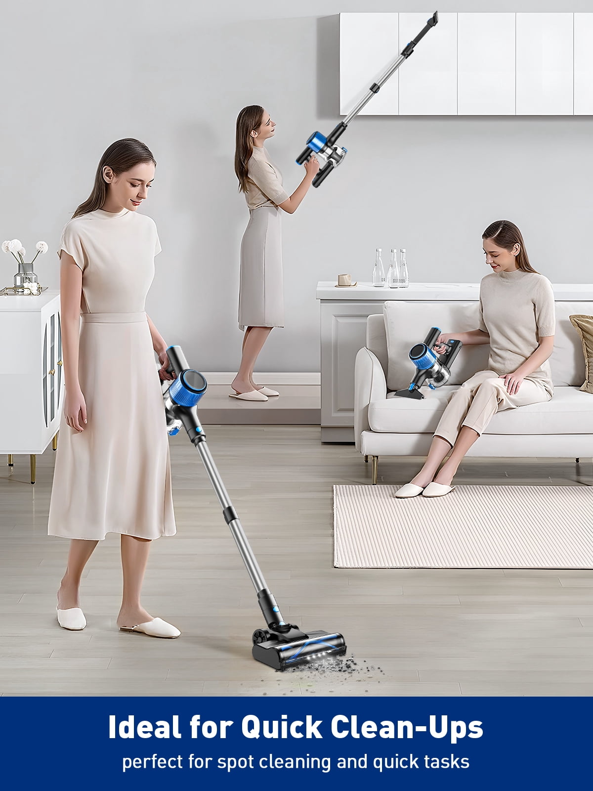 Cocbny Cordless Vacuum Cleaner,Self Standing 30Kpa 8 in 1 Lightweight Stick Vacuum, Anti-Tangle Vacuum, 40mins Runtime Rechargeable Vacuums for Home, Hardwood Floor, Carpet, Pet Hair, Blue