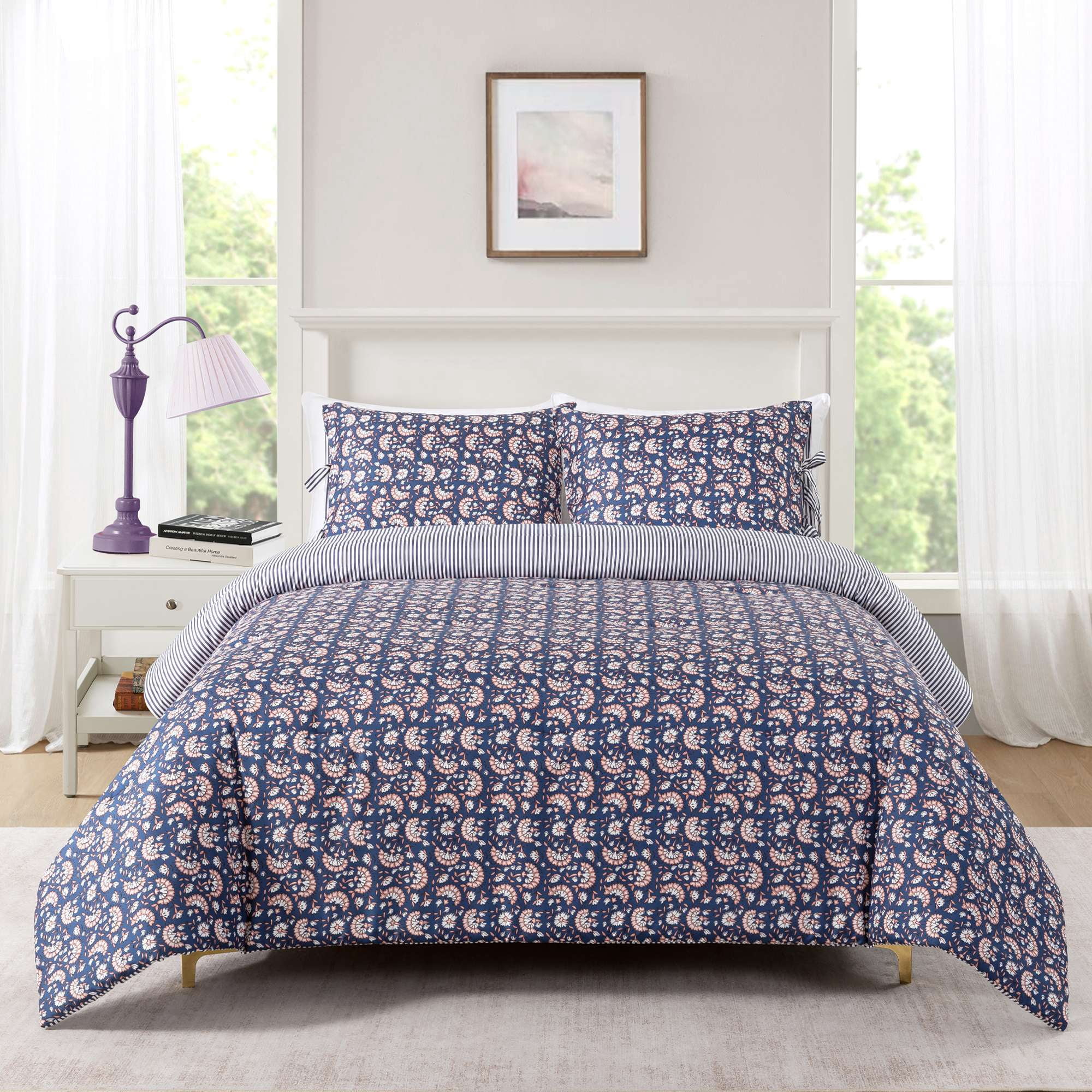 Mainstays Full/Queen Comforter Set Reversible Blue Floral 3-Piece