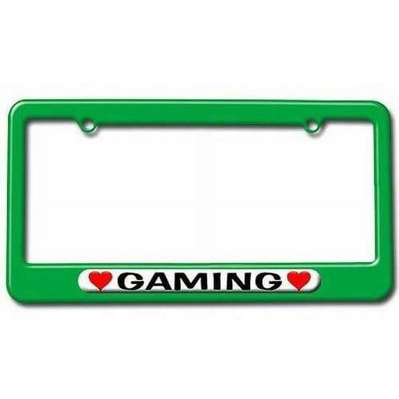 Gaming Love with Hearts License Plate Tag Frame, Green Color
