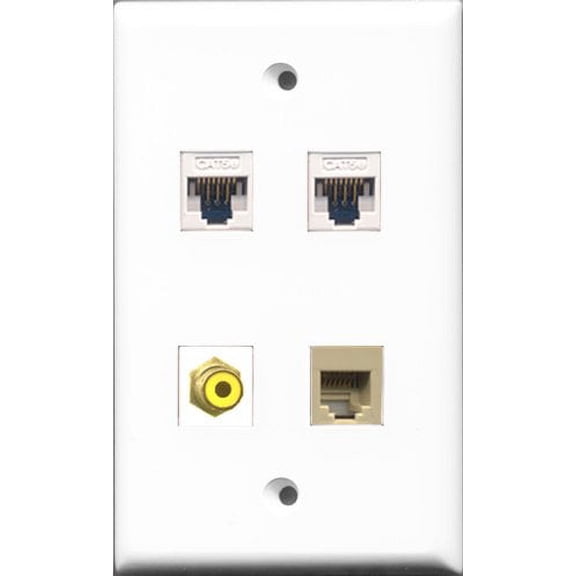RiteAV - 1 Port RCA Yellow and 1 Port Phone RJ11 RJ12 Beige 2 Port Cat5e Ethernet White Wall Plate