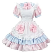 Women's Lolita Costume French Apron Maid Fancy Dress Halloween Lovely Bow Cute Lace Outfit Dresses Anime Clothes Ruffle Short Sleeved Collar Skirts Pink qILAKOG Size S