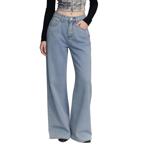 Stamzod Women's Wide Leg Jeans High Waisted Stretchy Baggy Denim Pants Trendy Boyfriend Jeans with Pocket Blue B S