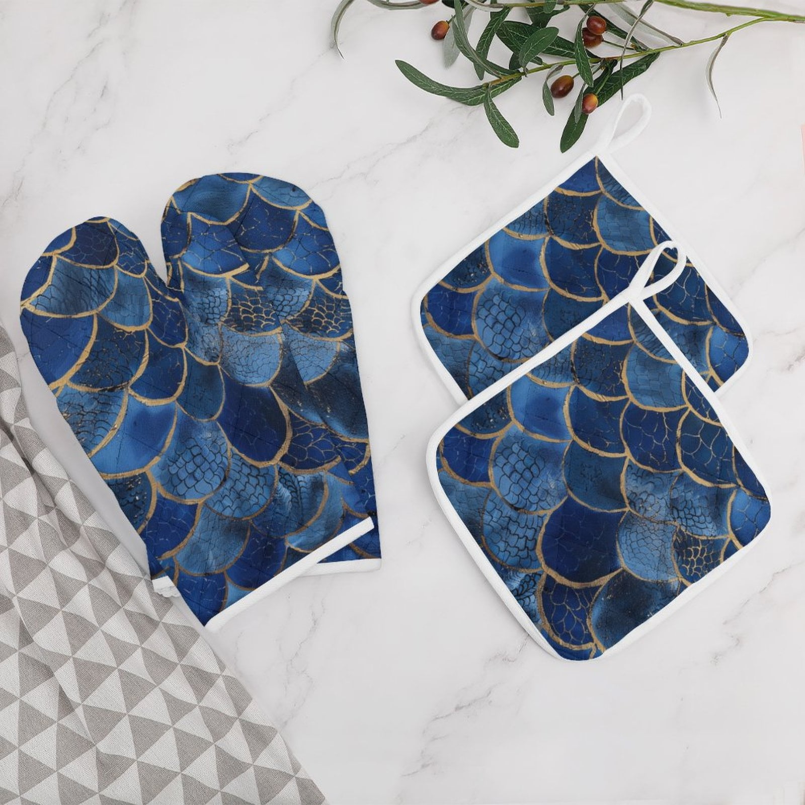 Ocean Cute Mermaid Oven Mitts And Pot Holders Sets of 4 Oven Gloves Set Potholders for Kitchen Cooking Baking Grilling Anti Scald Hot Pads And Heat Resistant