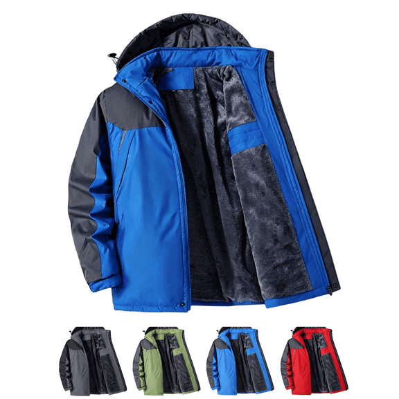 Men's Fleece Lined Jacket Color Block Hooded Warm Coat Thermal Winter Waterproof Windbreaker Outwear for Ski and Travel