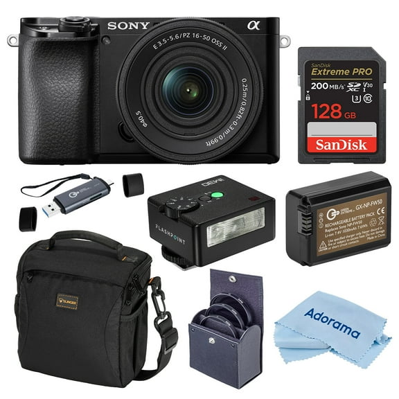 Sony Alpha a6100 Mirrorless Camera with 16-50mm f/3.5-5.6 Lens, Bundle with iM30 Mini Flash, 128GB SDXC Memory Card and NP-FW50 Battery