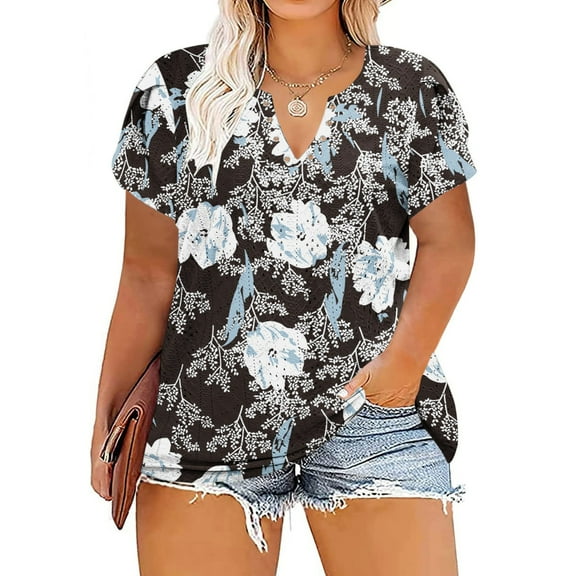 Yuwull Blouses For Women Casual, Womens Plus Size Summer Tops Casual V Neck Hollow Tee Shirts Leaf Sleeve Fashion Loose Blouse