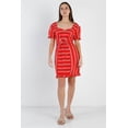 thumbnail image 2 of Red Stripe Lace Up Front Detail Ruffle Trim Balloon Sleeve Dress Red ' M, 2 of 4