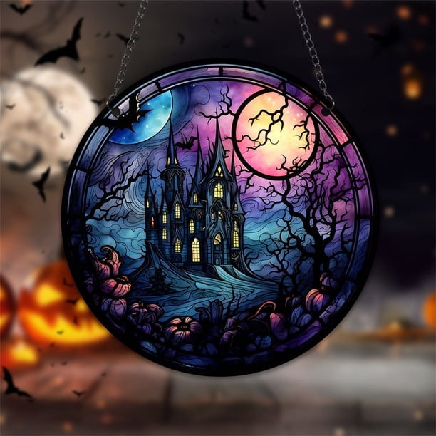 Xihbxyly Colgante de Castillo de Halloween con Vitrales, Diseño Intrincado, Decoración Llamativa para Porche o Ventana, Material Duradero, Perfecto para Fiestas o Decoración Del Hogar, Idea de Regalo